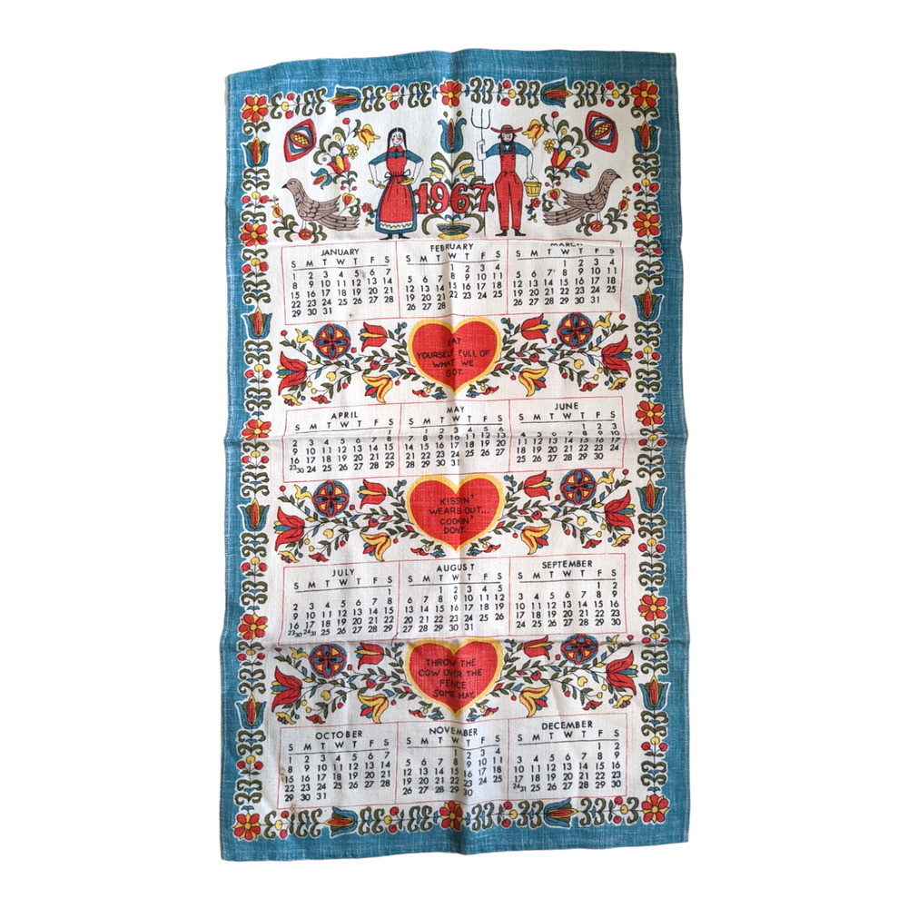 Vintage 60's Pennsylvania Dutch Style 1967 Calendar Linen Tea Towel with Sayings